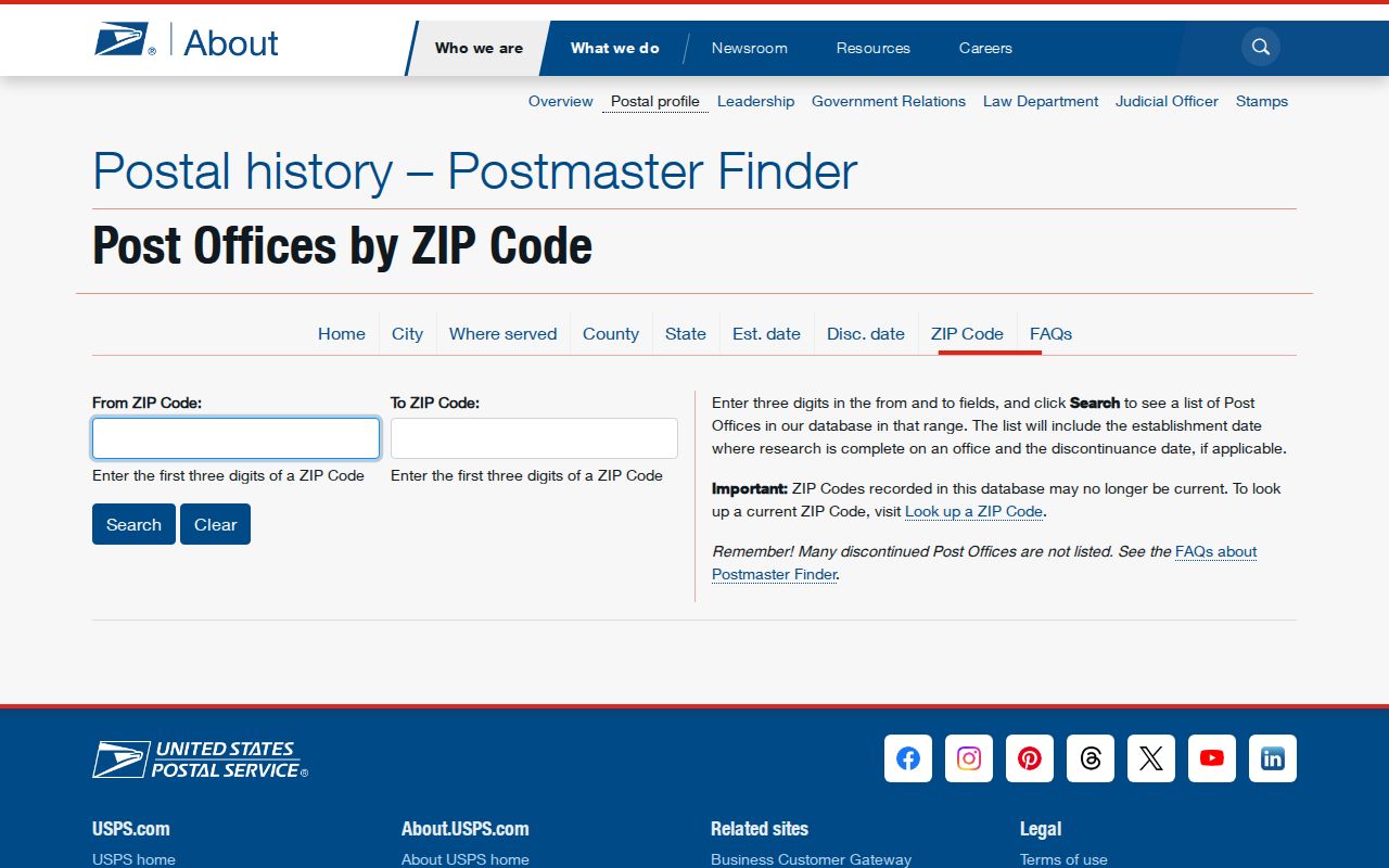 USPS Postmaster Finder controls for historical Moundsville ZIP research