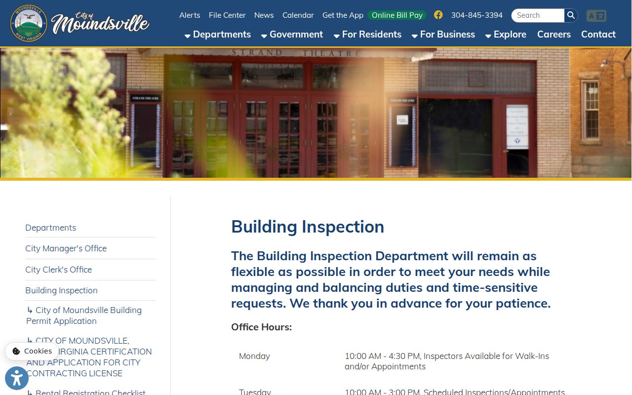 City of Moundsville Building Inspection page for address-based permit requests