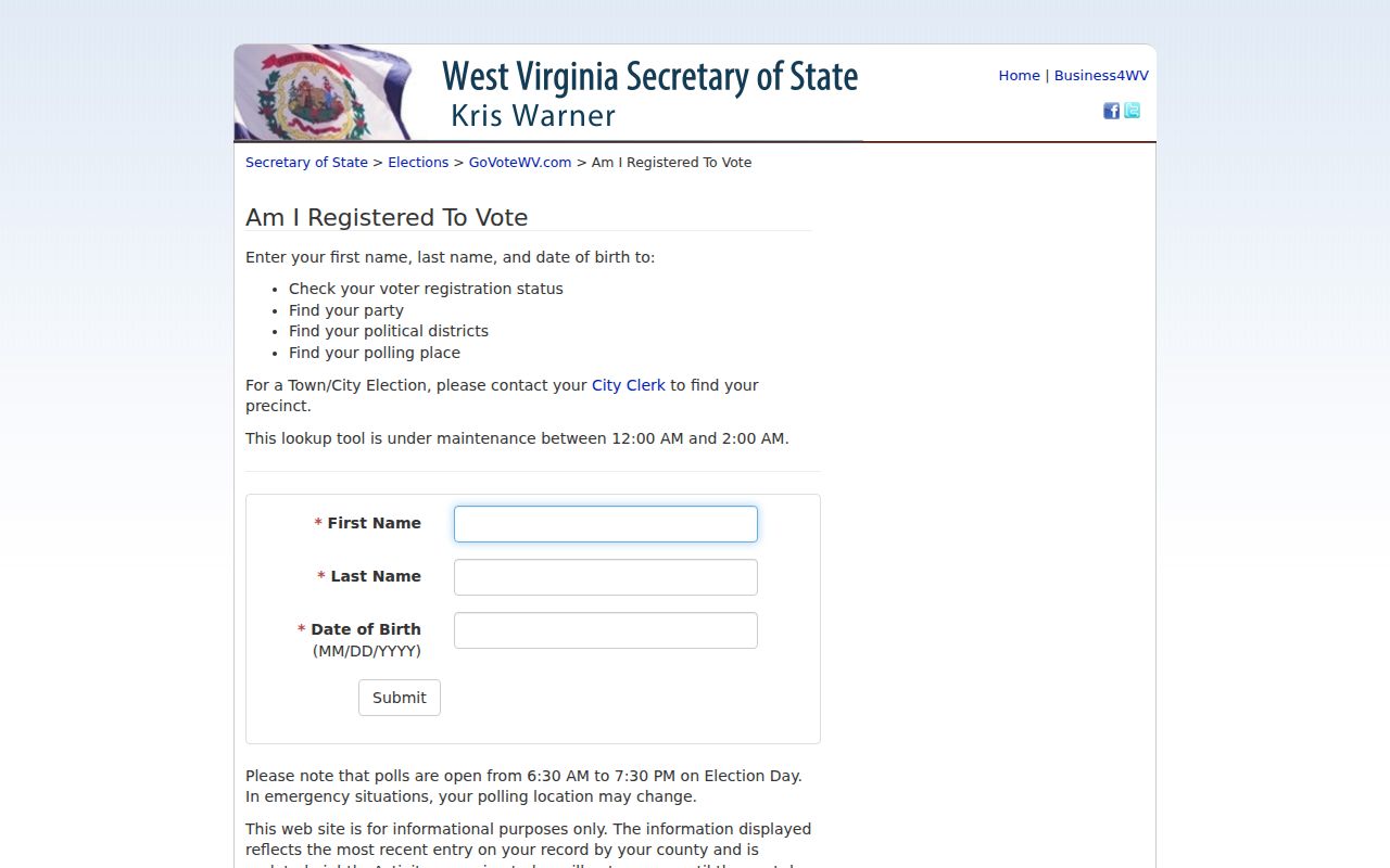West Virginia voter registration status lookup form