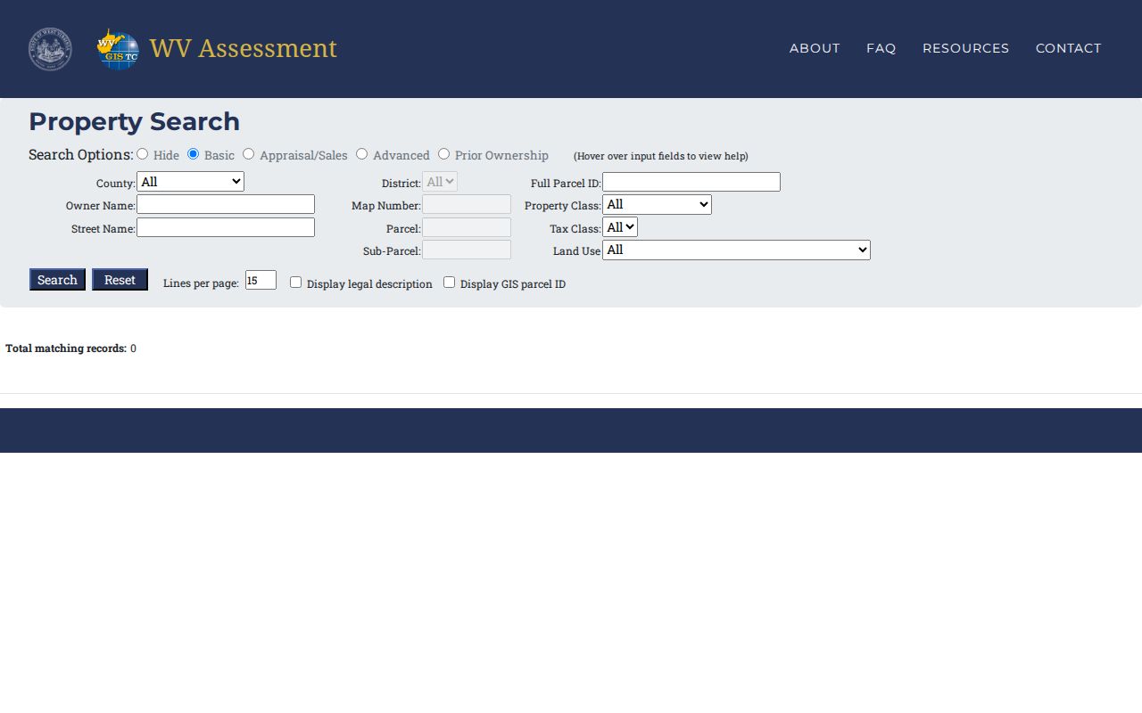 West Virginia Property Assessment Search form for Marshall County parcels and streets